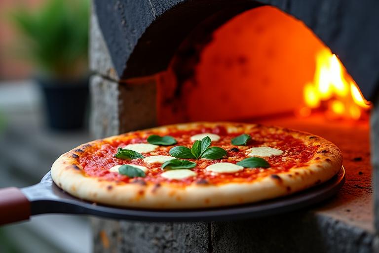 Wood-fired pizza oven with fresh pizza